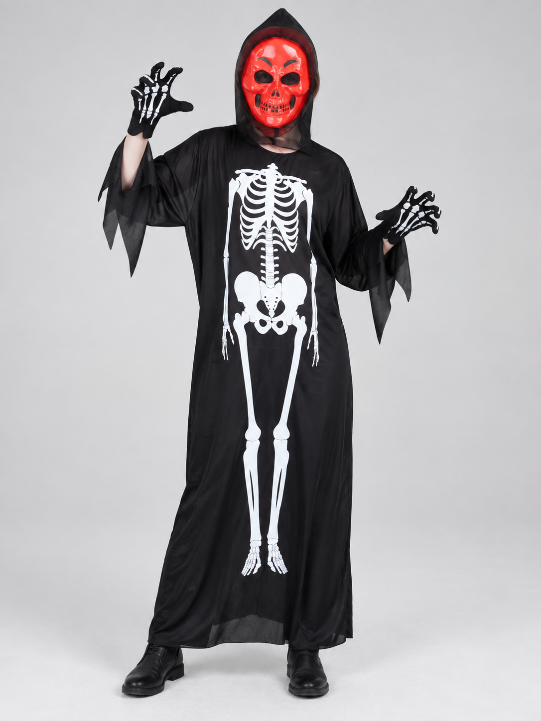 Skeleton Halloween Costume with Hood and White Print