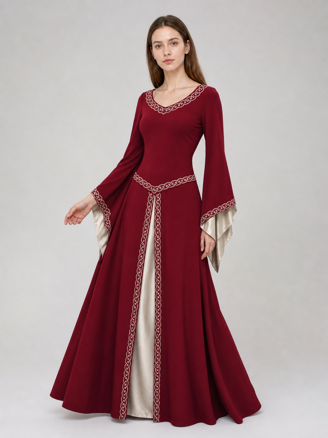 Floor-Length Dress with Long Sleeves and Decorative Trim