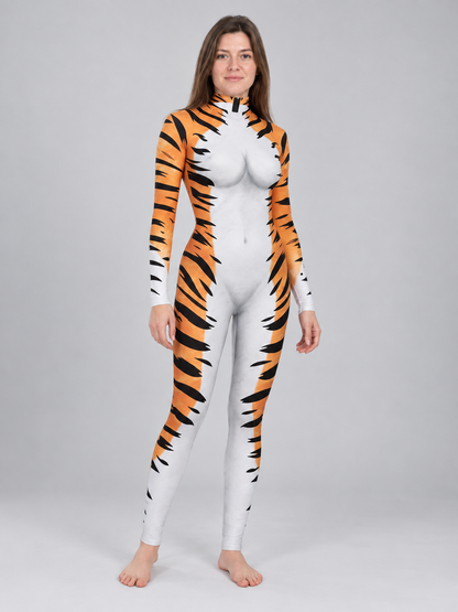 Fitted Bodysuit Jumpsuit Orange with Tiger Print