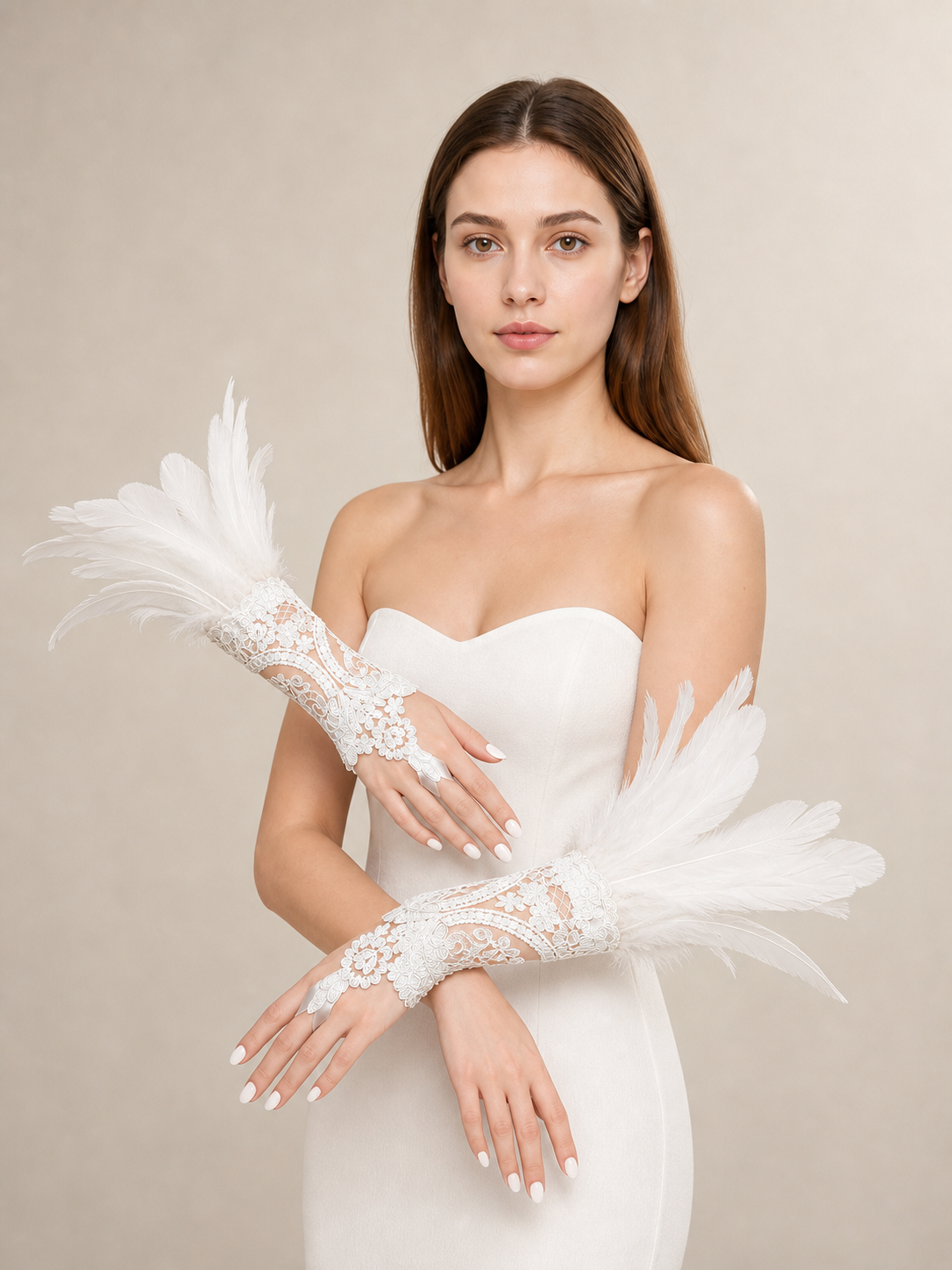White Lace Carnival Gloves with Feathers, Pair