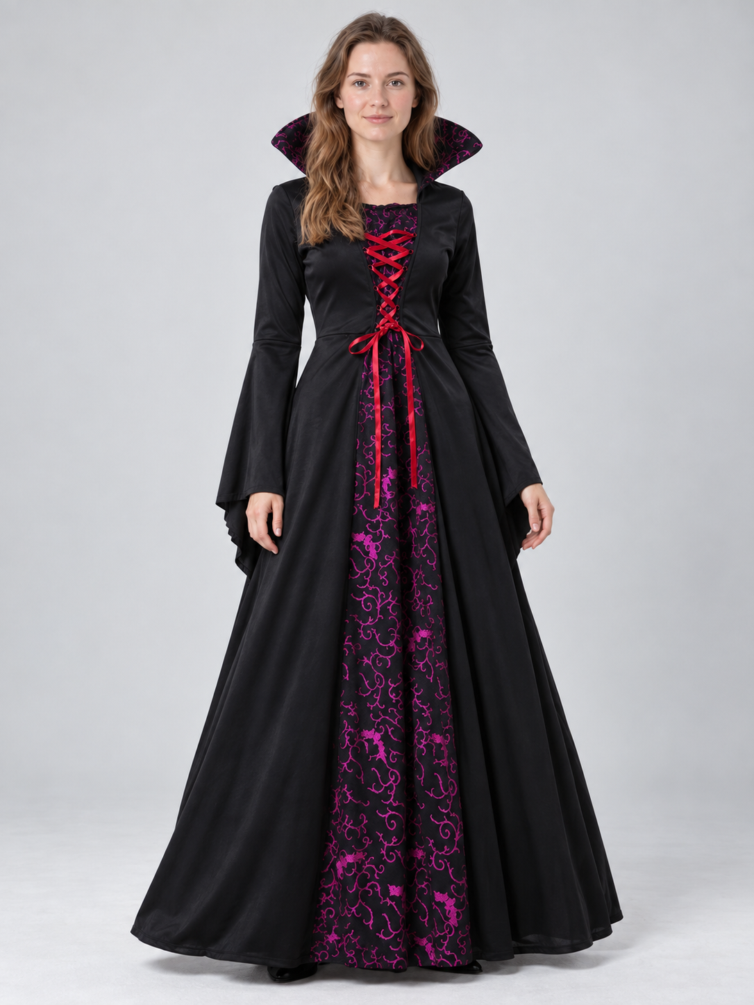 Long Gothic Dress with Lacing and High Collar