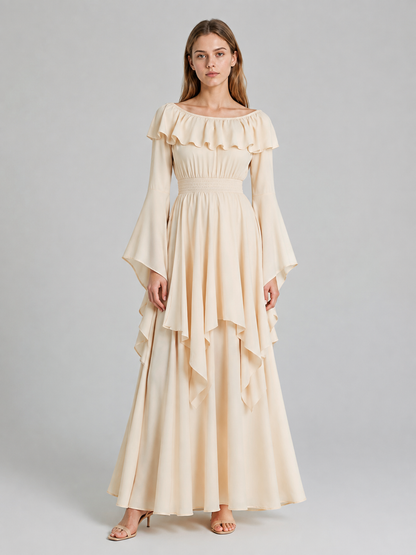 Long Cream A-Line Dress with Tiered Ruffles Costume Dresses detail
