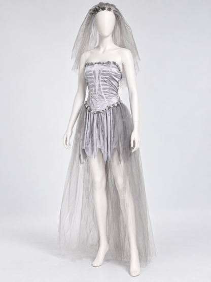 Ghost Bride Carnival Costume with Veil, Silver