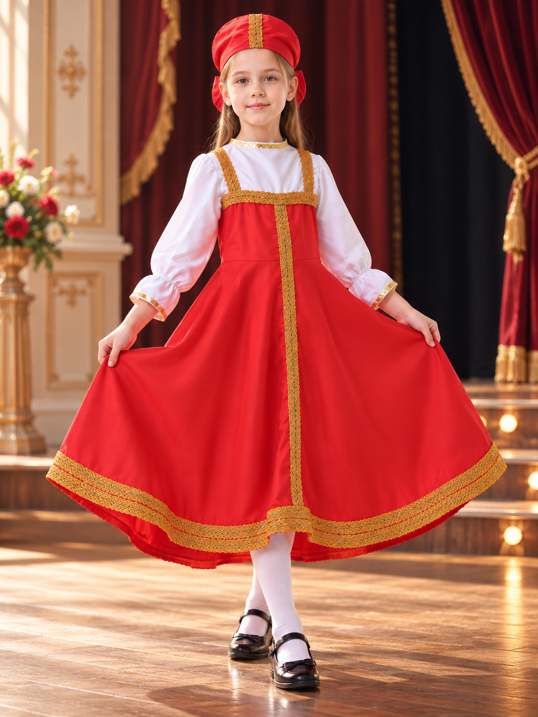 Red Folk Costume with Headpiece Costume Headwear detail