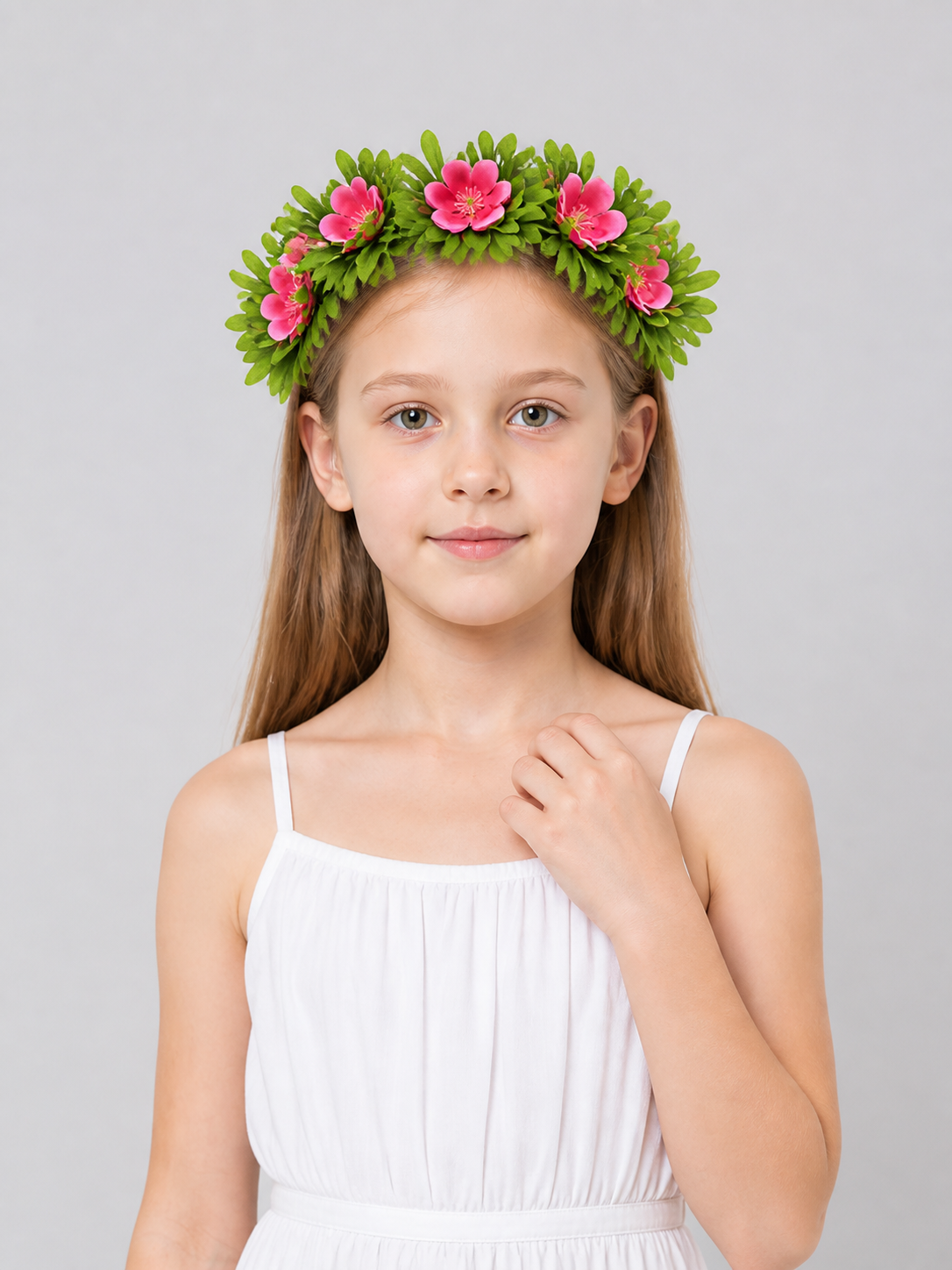 Carnival Headpiece: Pink Flowers and Green Leaves Costume Headwear detail