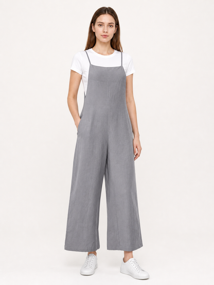 Gray Cotton-Linen Wide-Leg Bib Overalls with Straps