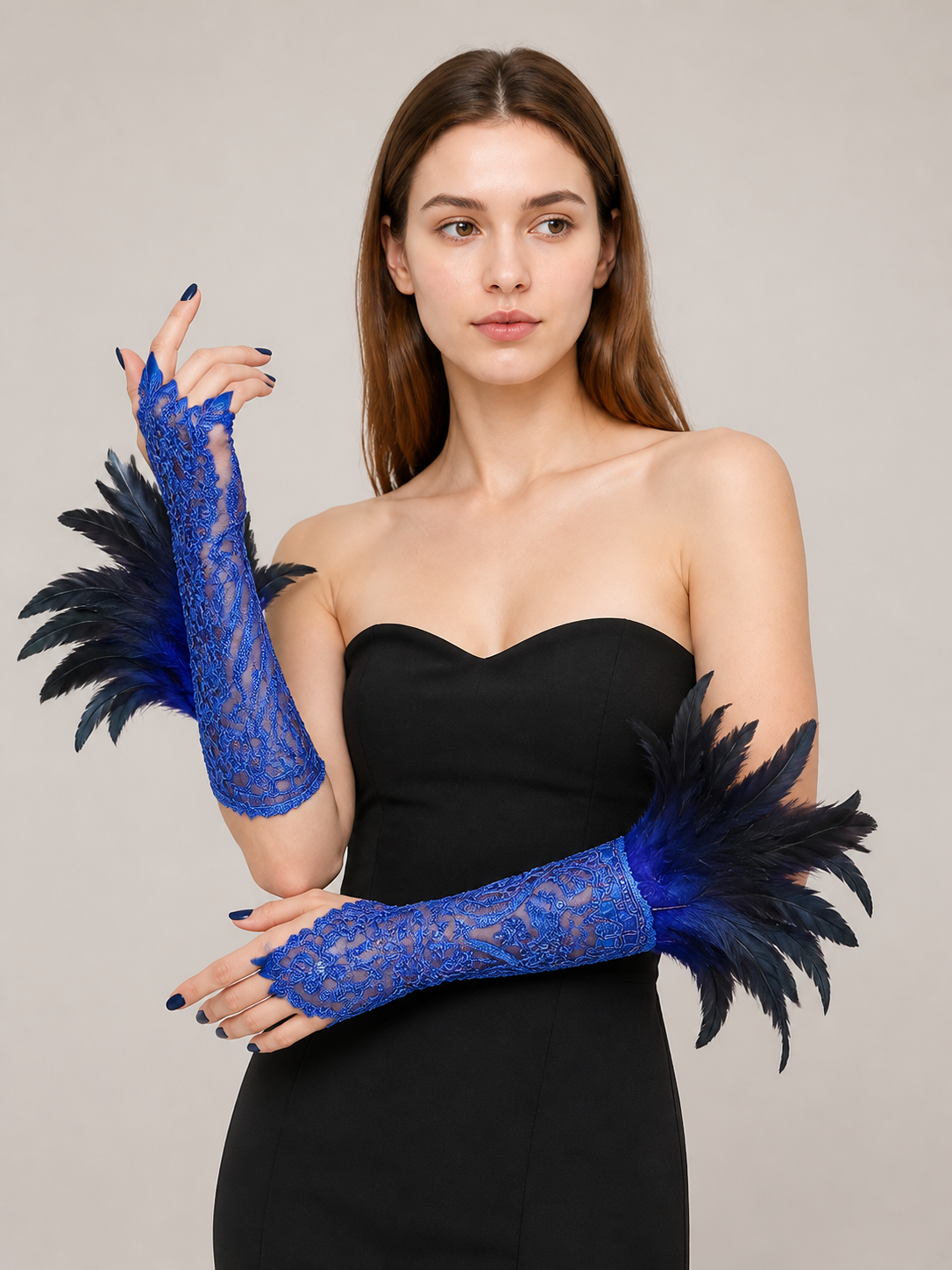 Blue Lace Feather Carnival Gloves, Pair