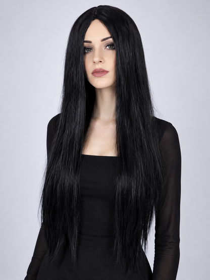 Long straight black wig with a middle part