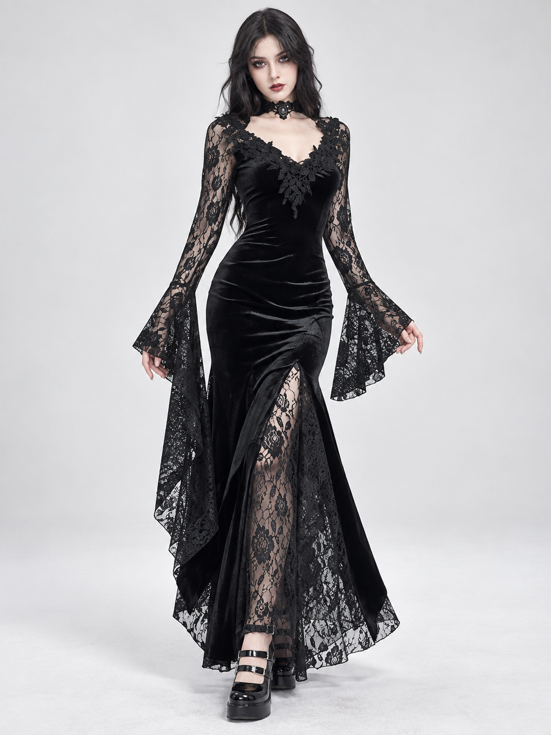 Black Gothic Dress with Lace and Deep Neckline