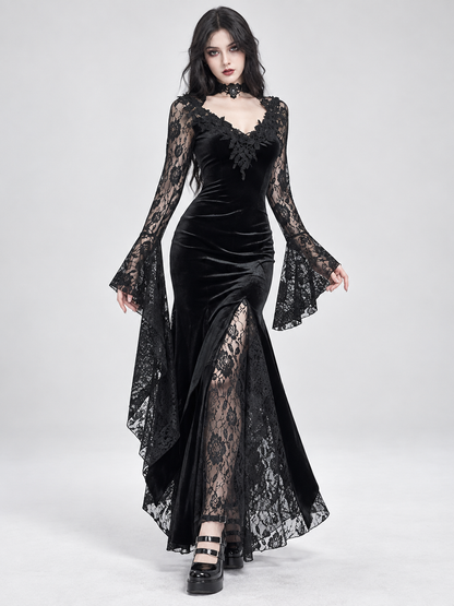 Black Gothic Dress with Lace and Deep Neckline