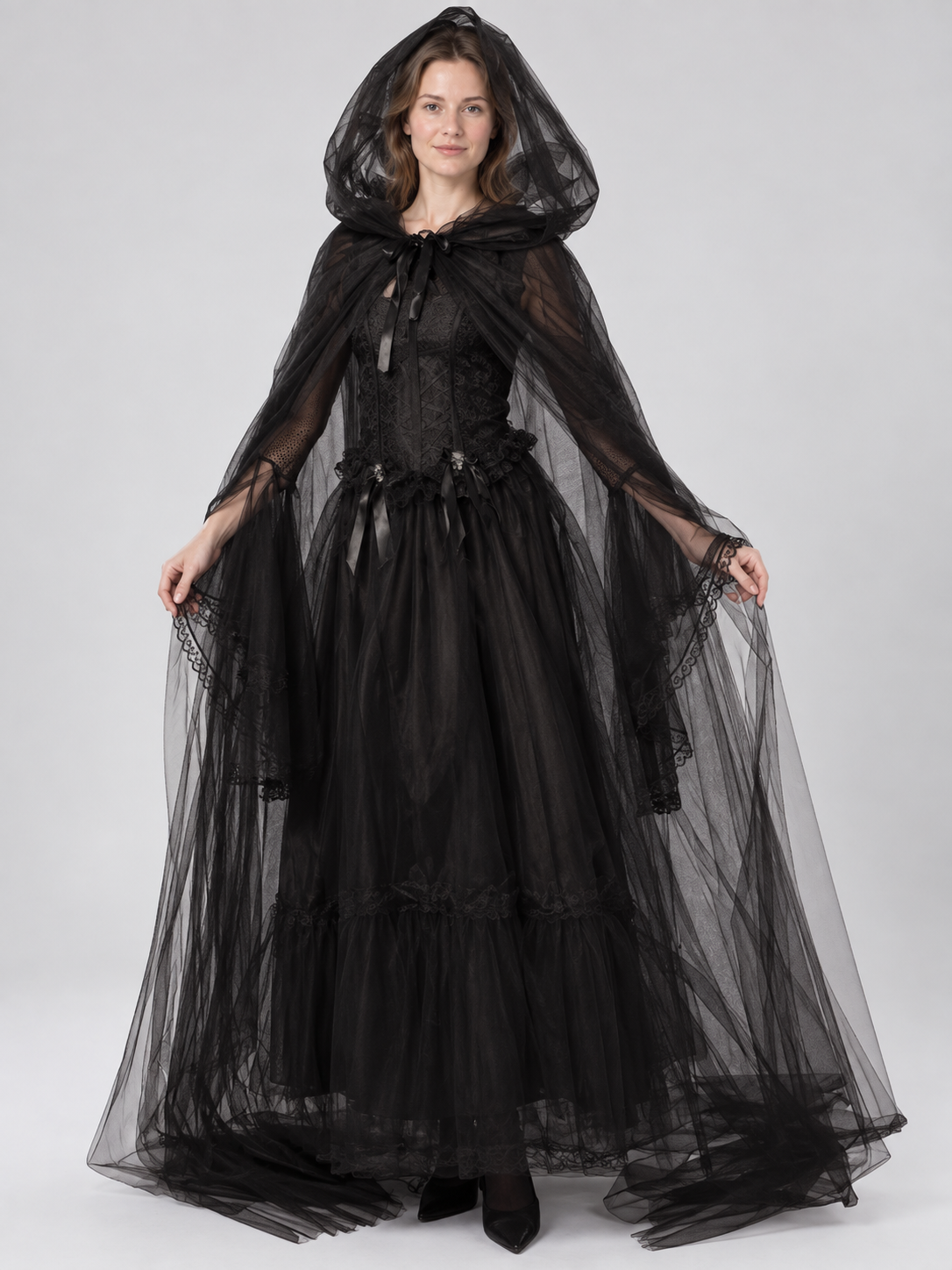 Gothic Black Carnival Costume with Cape and Dress