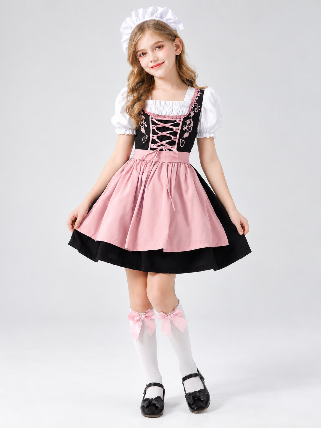 Kids' Dirndl Costume with Pink Apron and Tights