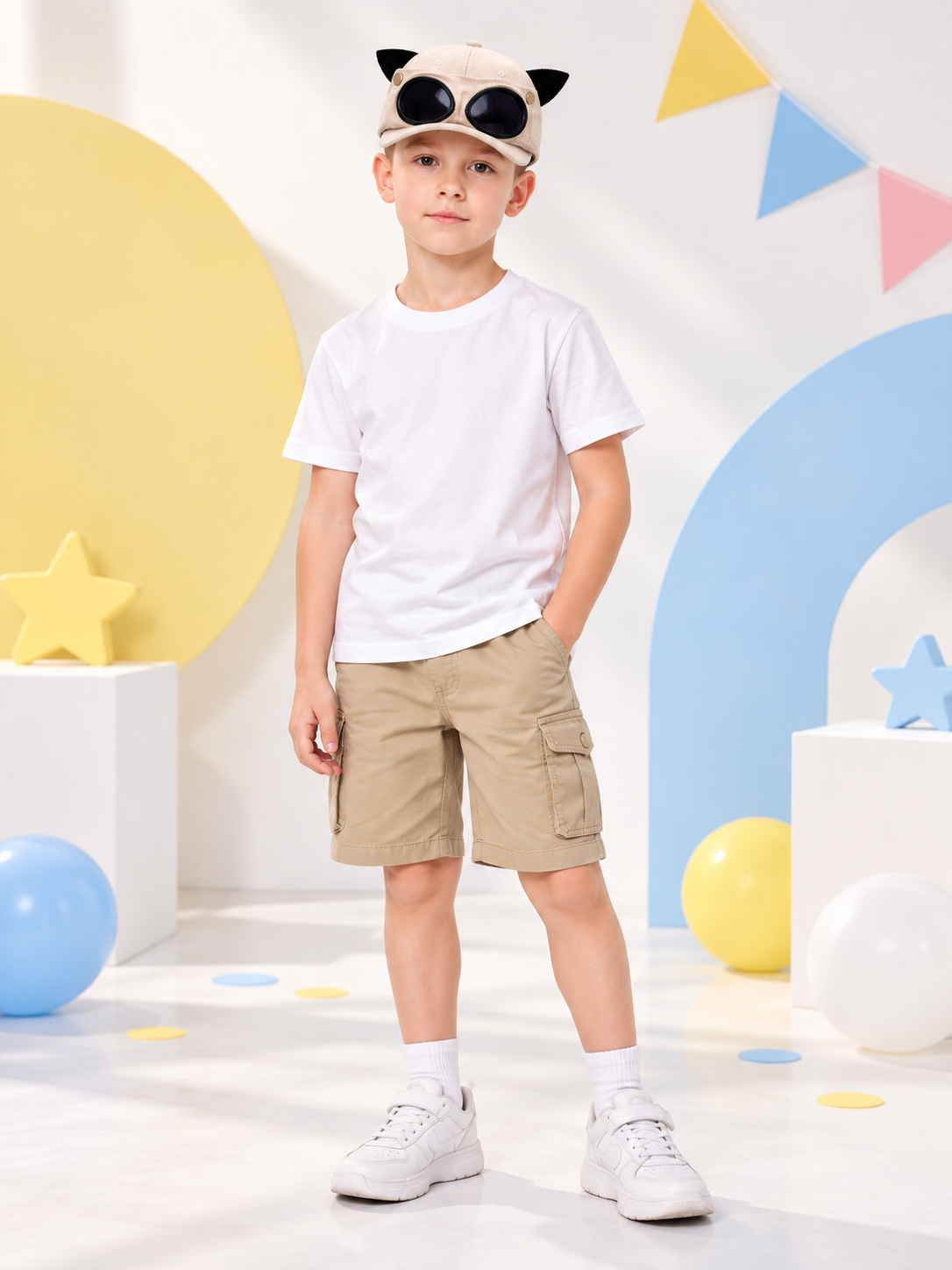 Light beige acrylic kids' baseball cap with patch
