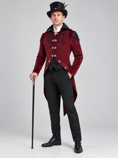 Burgundy carnaval tailcoat with black lace and embroidery
