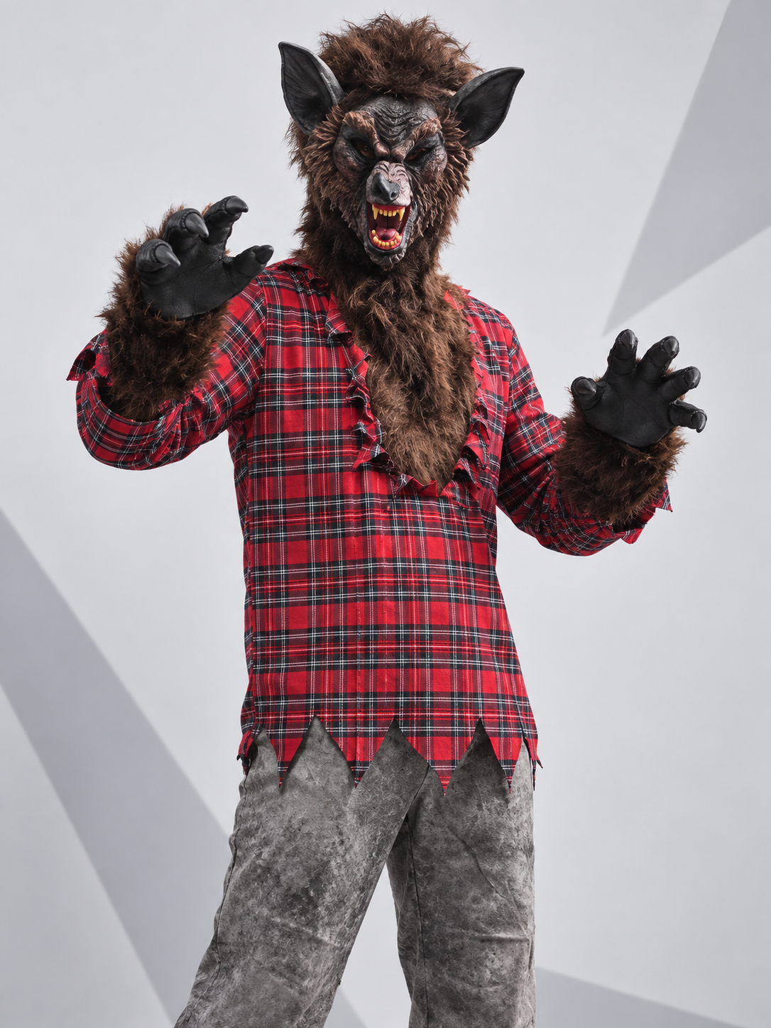 Werewolf Costume with Fur Mask and Plaid Shirt