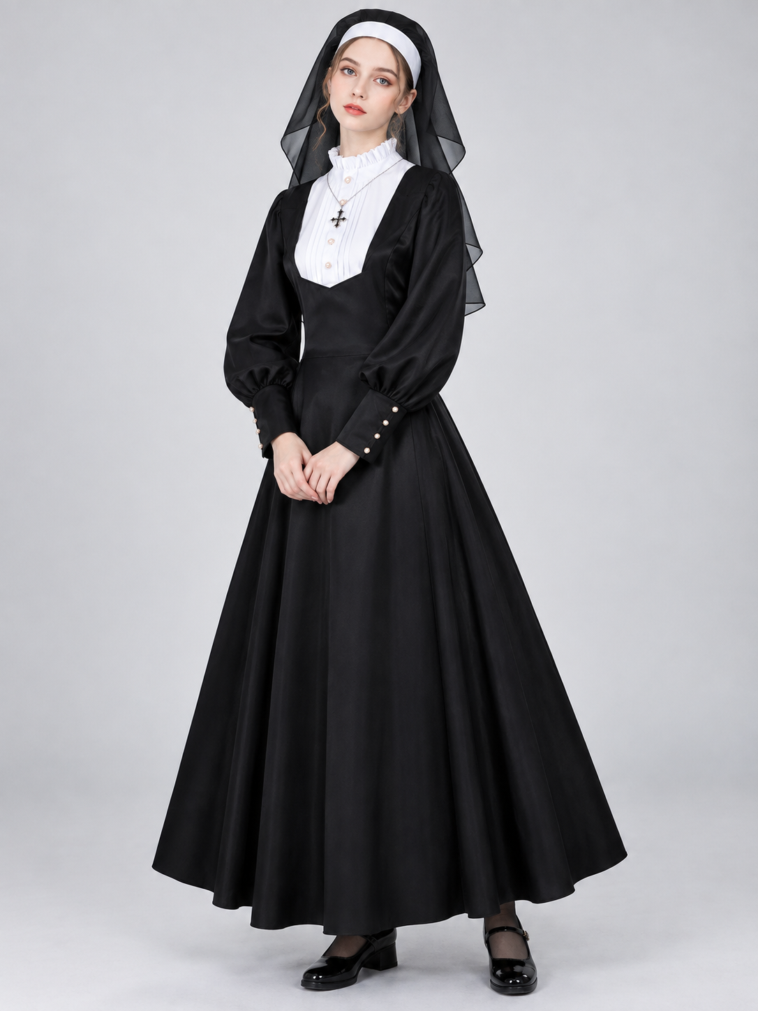 Black Nun Costume with White Insert and Cross