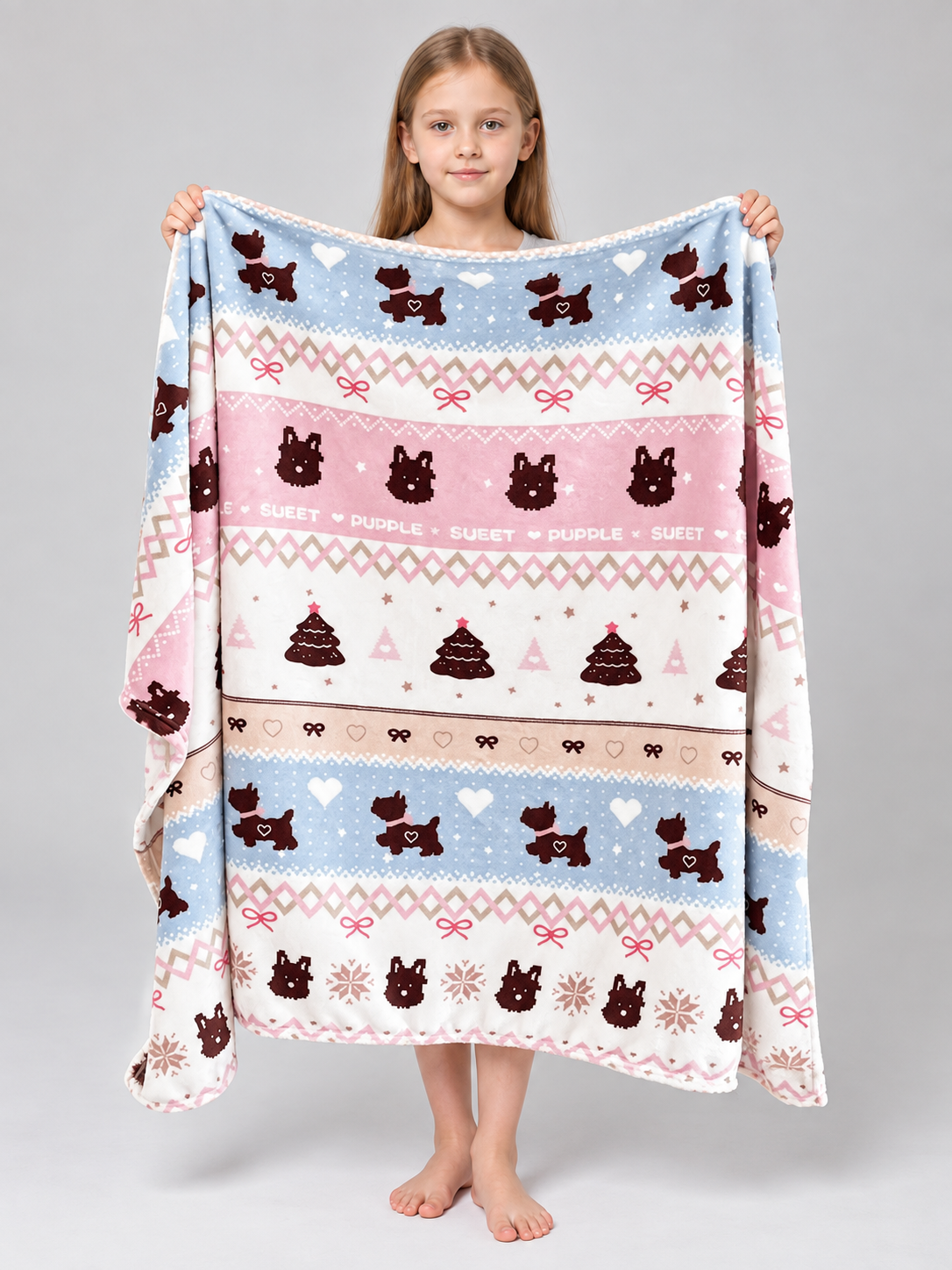 White double-sided milky velour blanket with a dog print