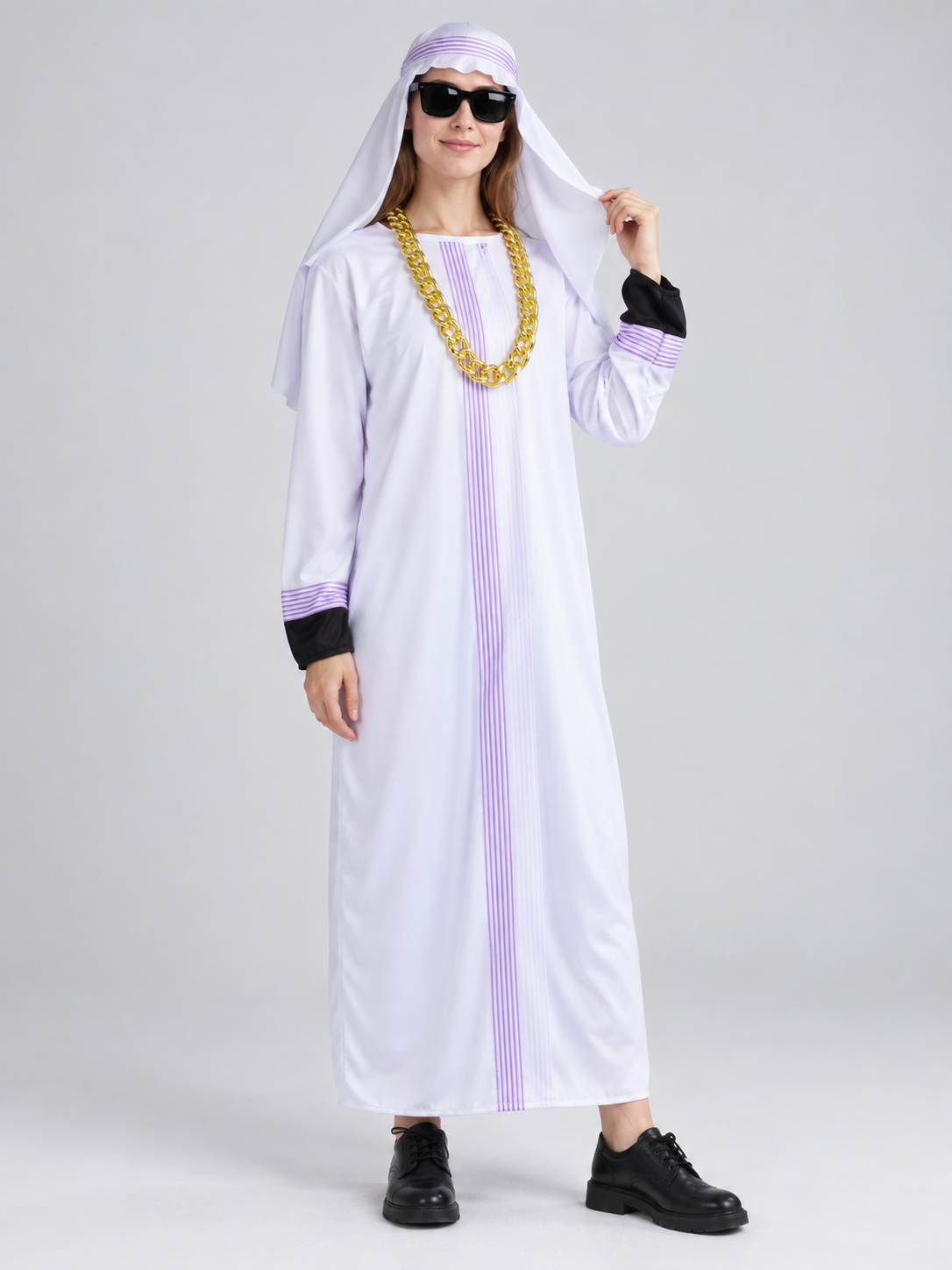 White carnival costume with purple stripes and chain