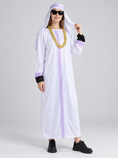 White carnival costume with purple stripes and chain