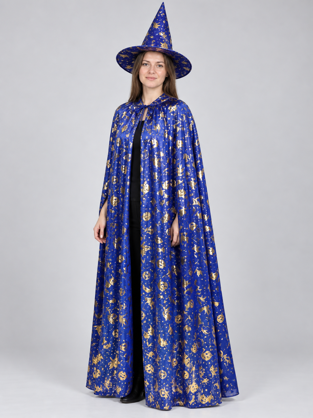 Carnival costume with floor-length cape and hat, blue