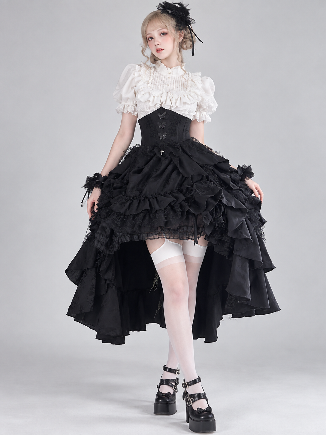 Black Lolita Skirt with Ruffles and Asymmetrical Hem