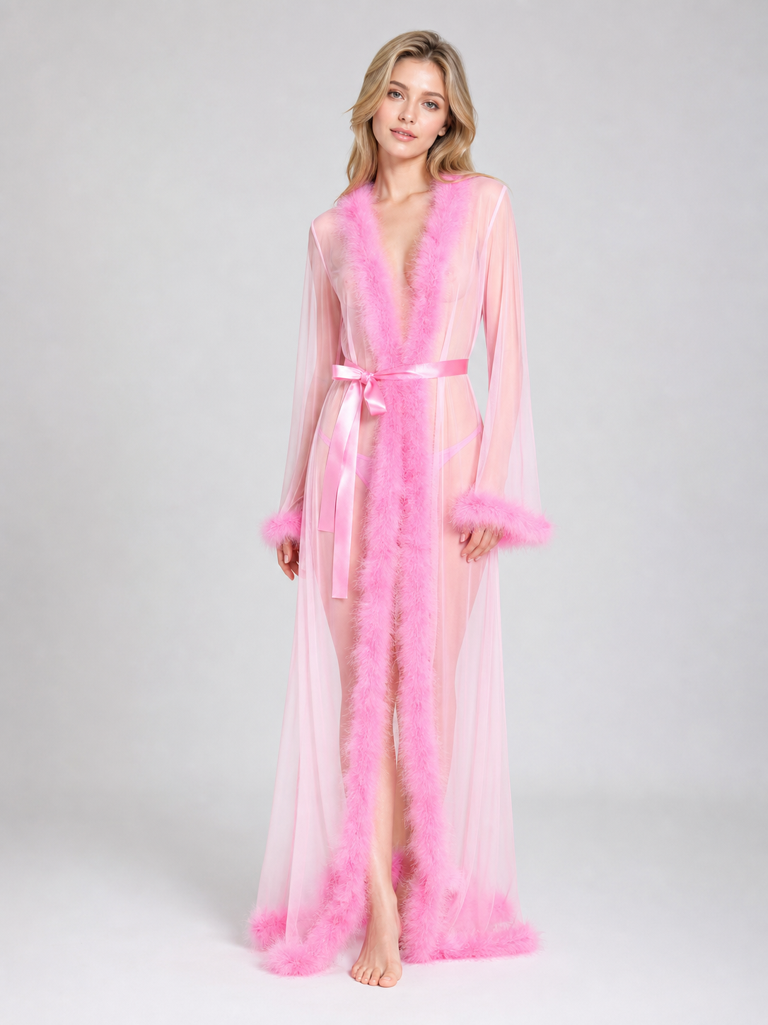 Semi-Sheer Long Robe with Pile Trim