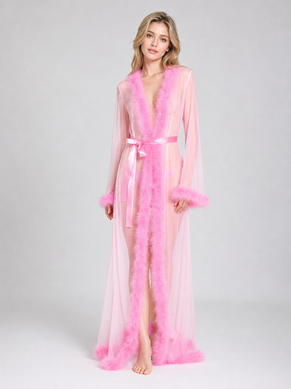 Semi-Sheer Long Robe with Pile Trim