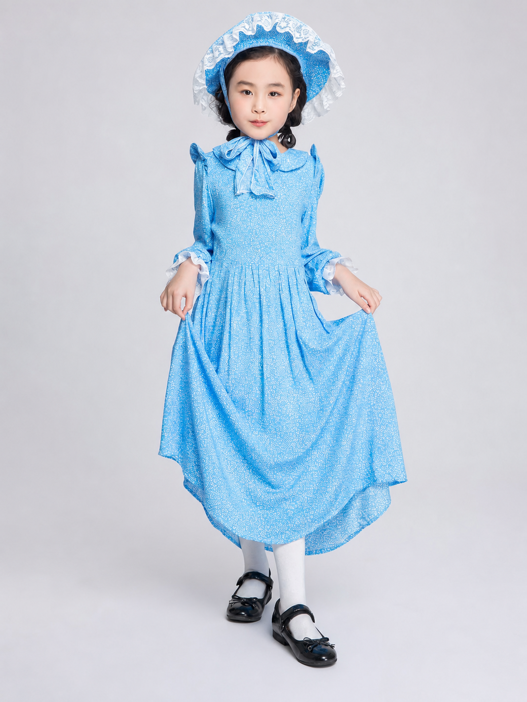 Blue Dress with White Ruffles and Bow, Long Sleeves