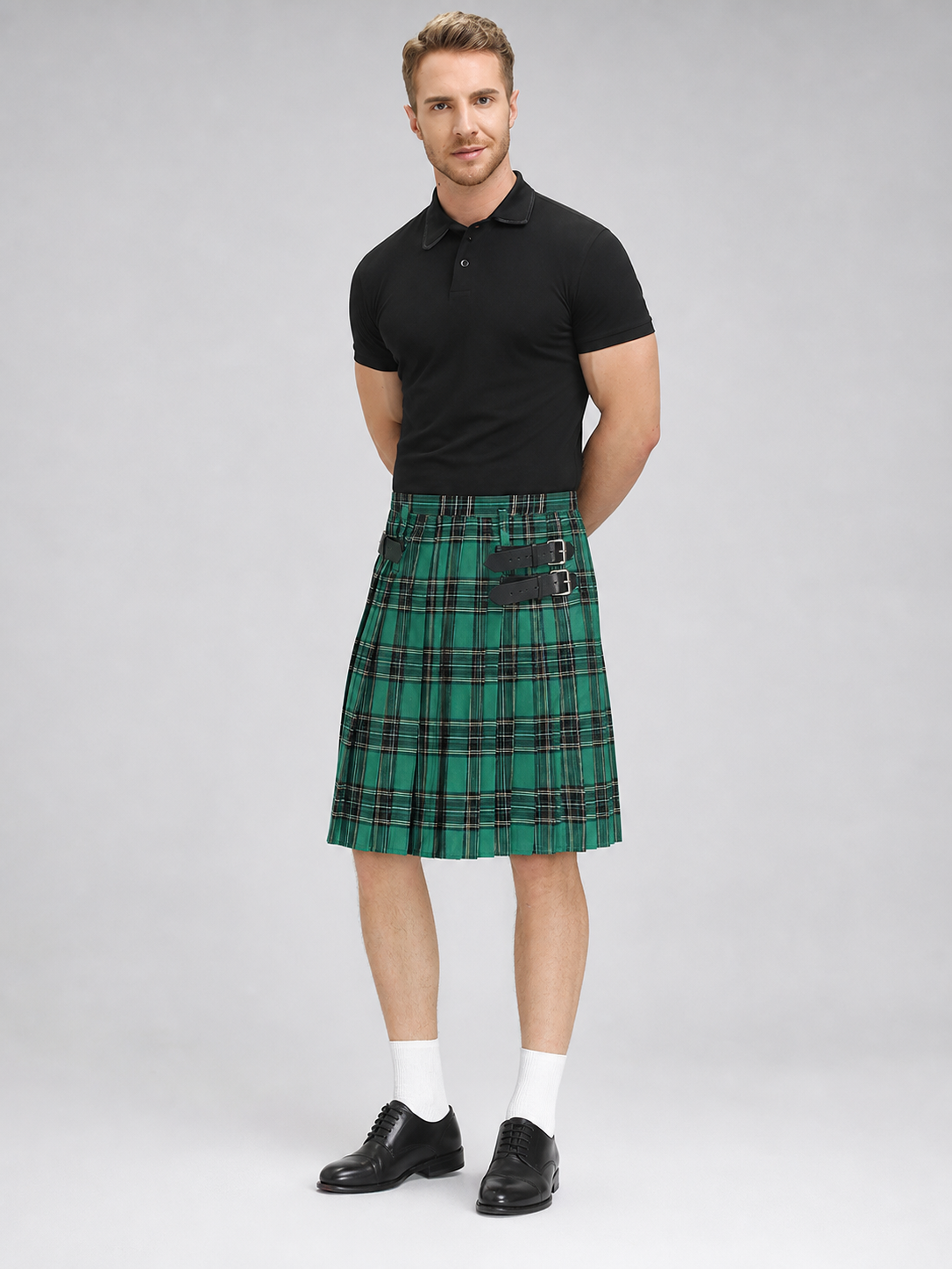 Pleated Plaid Skirt with Black Buckle