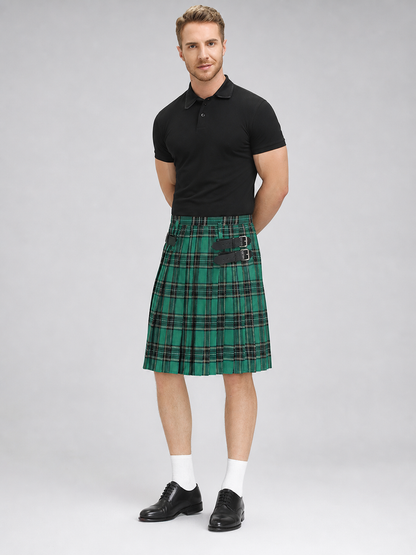 Pleated Plaid Skirt with Black Buckle
