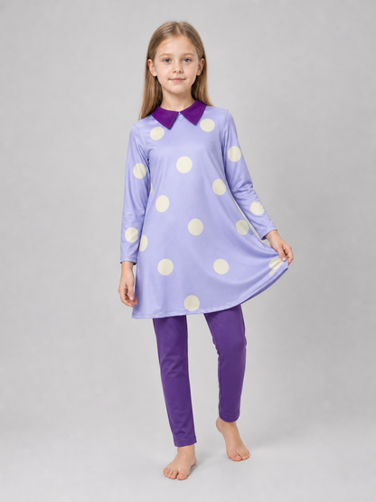 A bright costume set in the style of the character from Inside Out 2 is designed for a themed look and an eye-catching transformation. The set includes a long-sleeve tunic dress, matching leggings, and a headpiece with the character’s face 