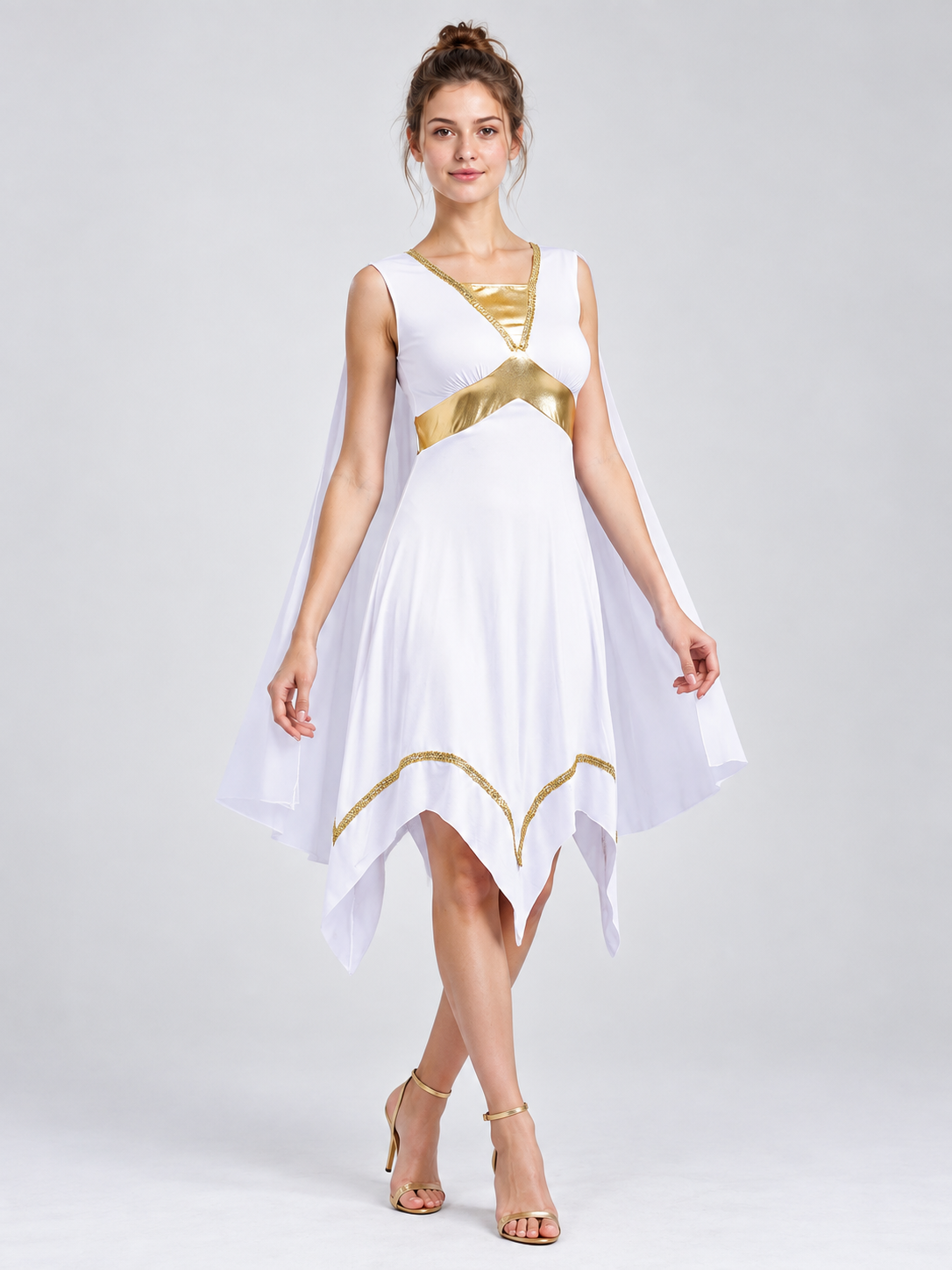 White Dress with Gold Trim and Asymmetrical Hem