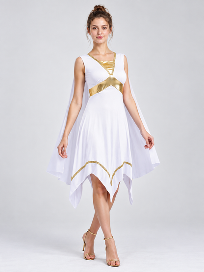 White Dress with Gold Trim and Asymmetrical Hem