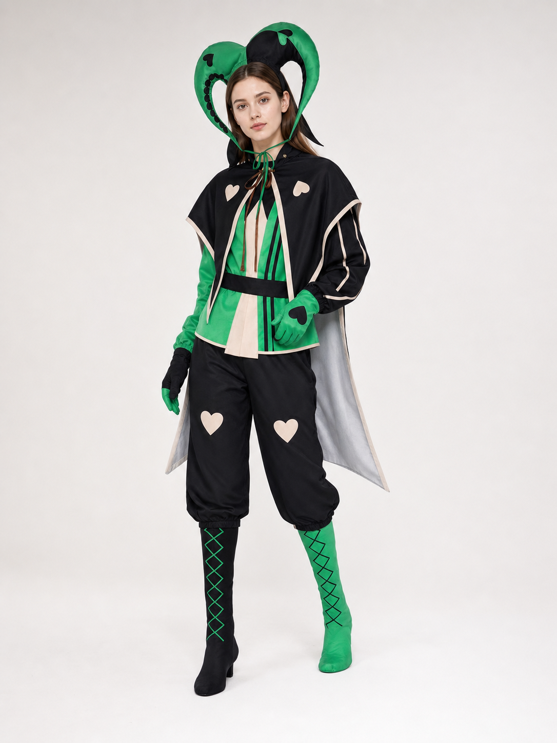 Theatrical clown jester costume in a black-and-green style for cosplay. The set is designed in an harlequin aesthetic and includes a black-and-green one-piece outfit with long sleeves, contrasting cream trim, and geometric panels. Heart-sha