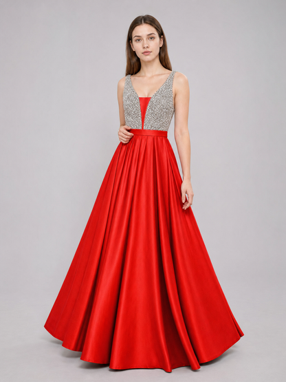 Floor-Length Evening Dress with a Deep V-Neckline