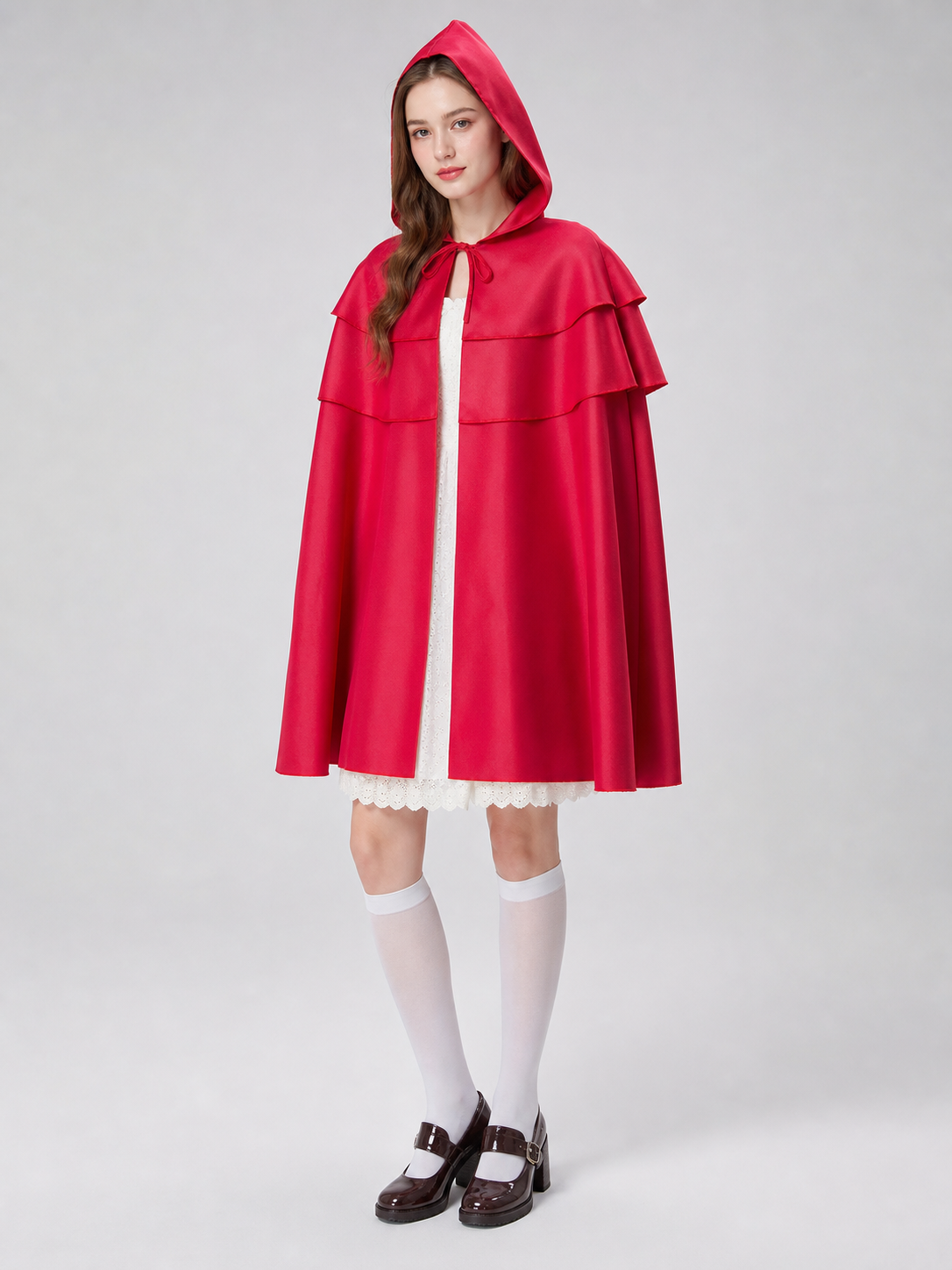 Red Hooded Cape with Three Tiers of Ruffles