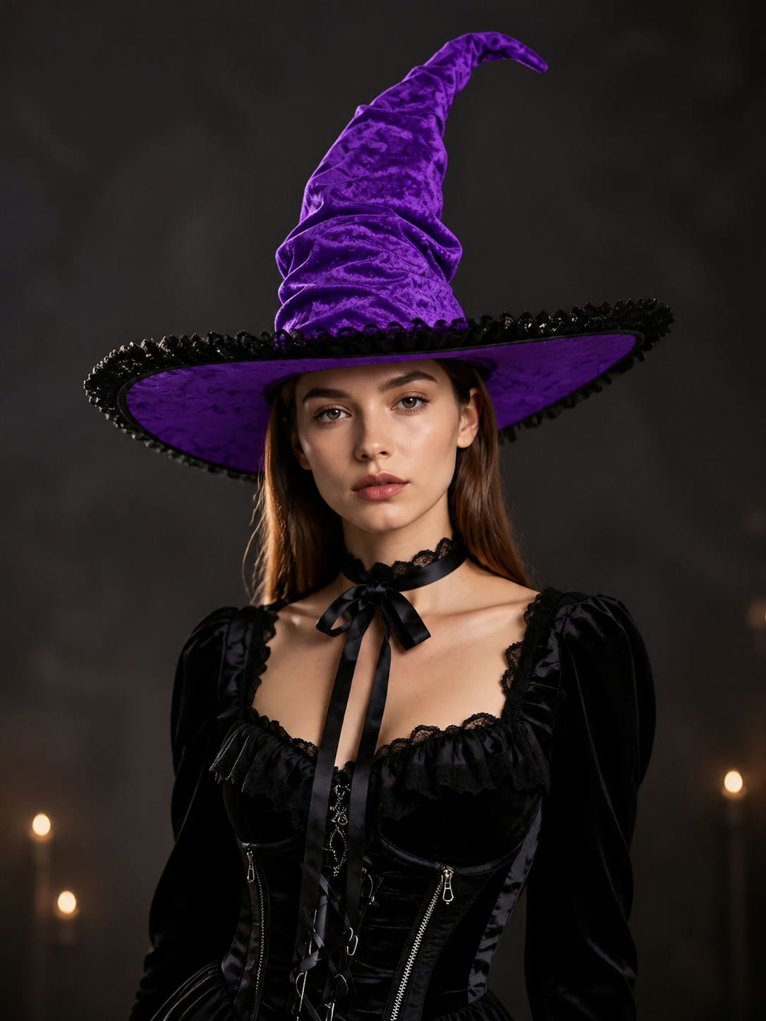 Front view of a purple pointed witch hat with a wide brim and black trim, worn by a model against a dark background