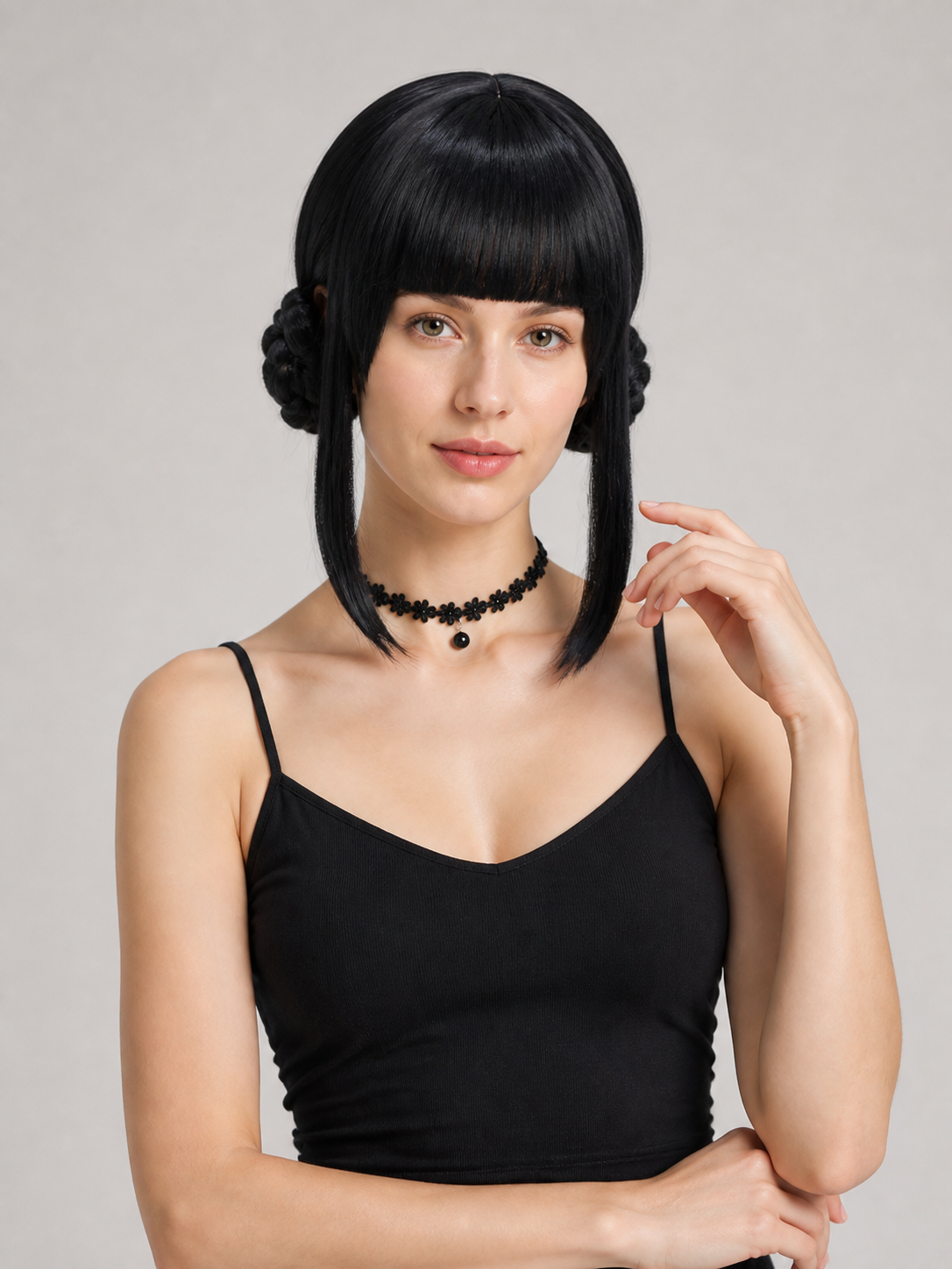 Black Cosplay Wig with Two Buns and Bangs Costume Wigs detail