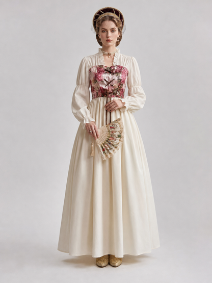 Retro Palace-Style Dress with Floral Print