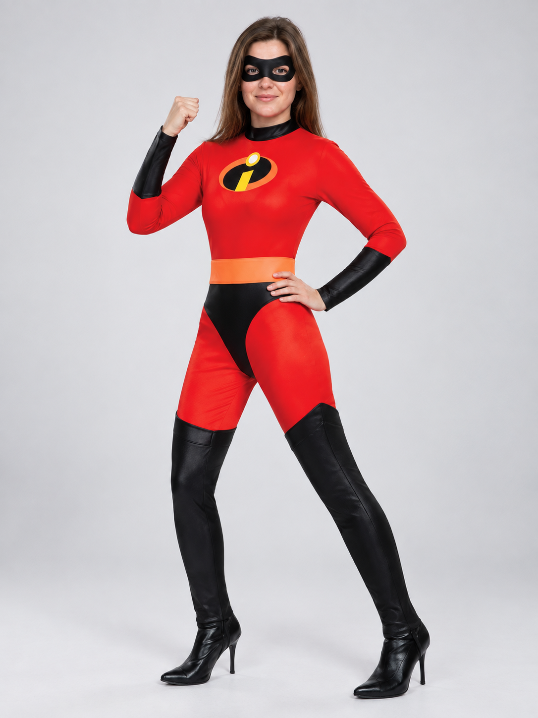 Red superhero costume with mask and belt