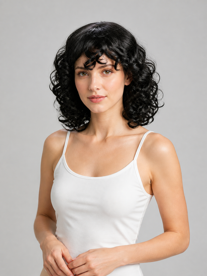 Black Carnival Wig with Curls and Side-Swept Bangs Costume Wigs detail