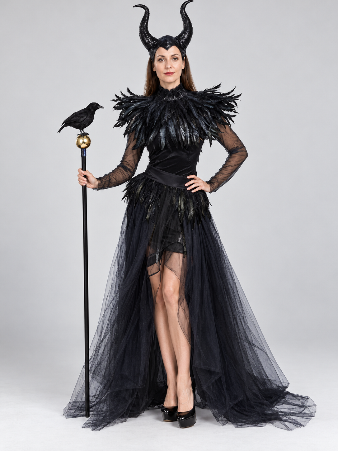 Black Carnival Costume with Feathers and Horns