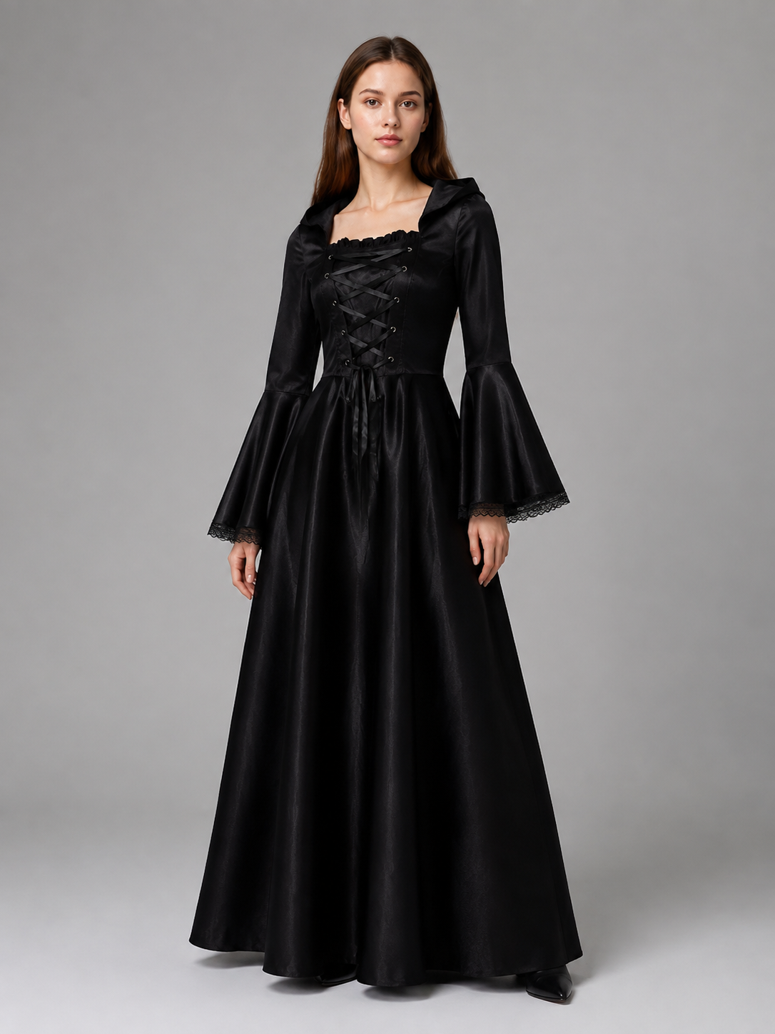 Long Gothic Hooded Lace-Up Dress Costume Dresses detail