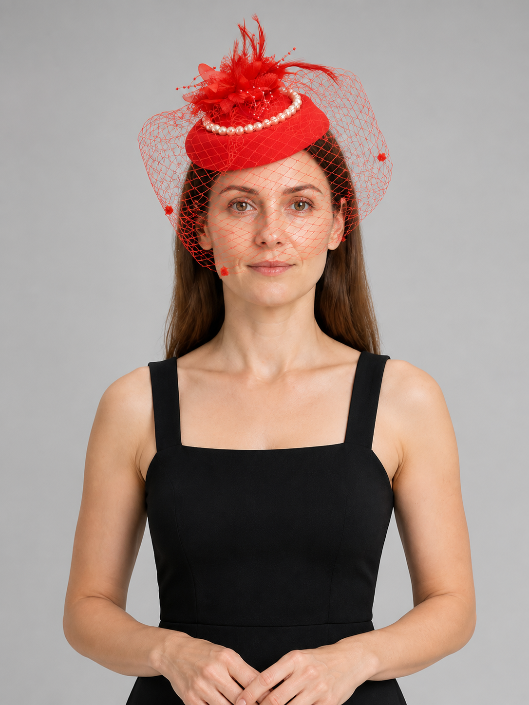 Red Carnival Headpiece with Veil and Feathers Costume Headwear detail
