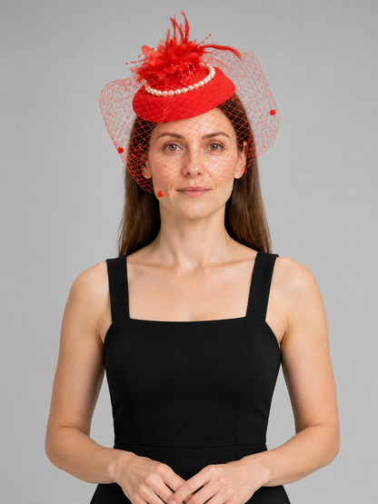 Red Carnival Headpiece with Veil and Feathers Costume Headwear detail
