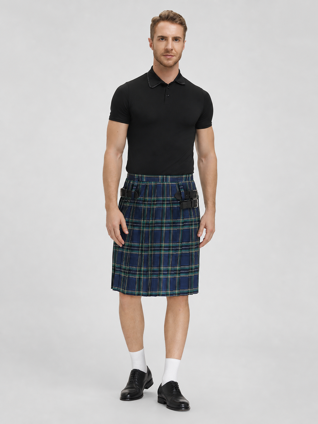 The plaid skirt is designed in a Scottish style and decorated with a crisscross pattern in blue and white, green, and black. Plaid runs across the entire surface of the garment, creating a distinctive, recognizable look. The skirt has a str