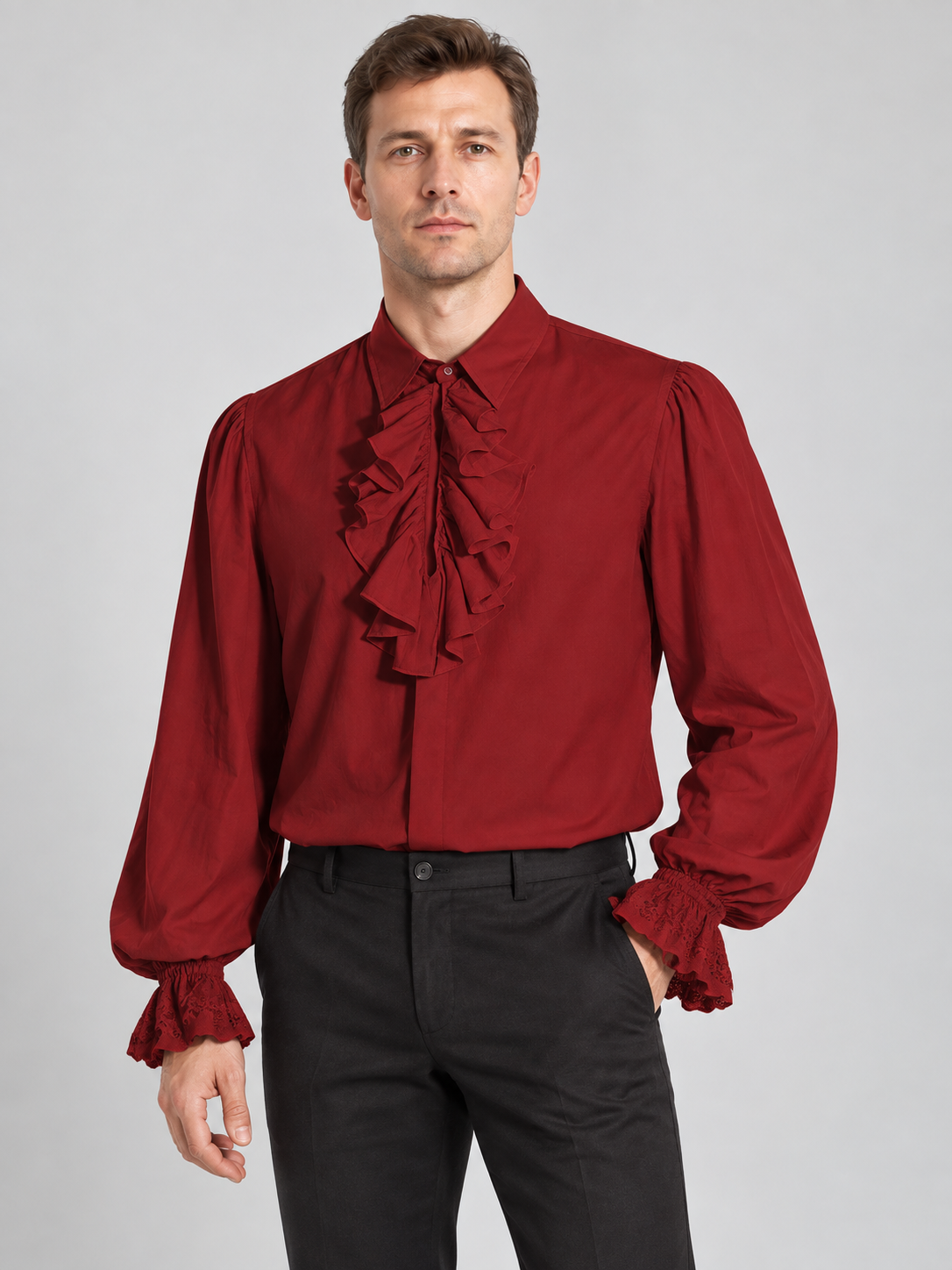 Red shirt with jabot, ruffles, and long sleeves