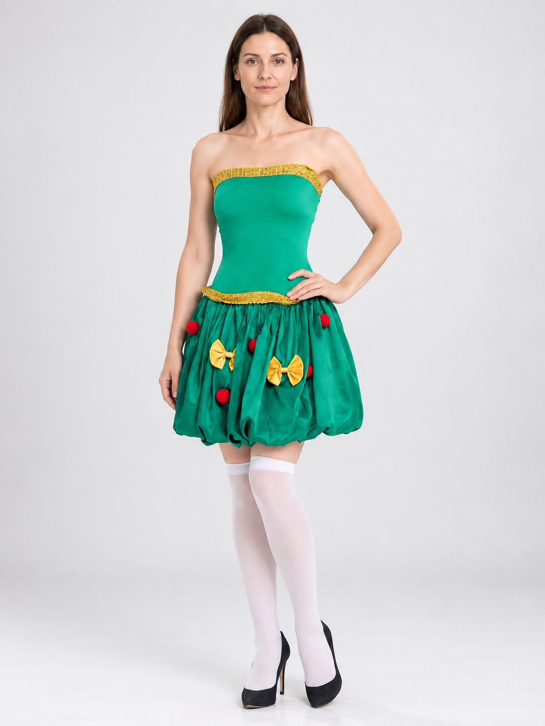 Green Carnival Dress with Bows and Pom-Poms Costume Dresses detail