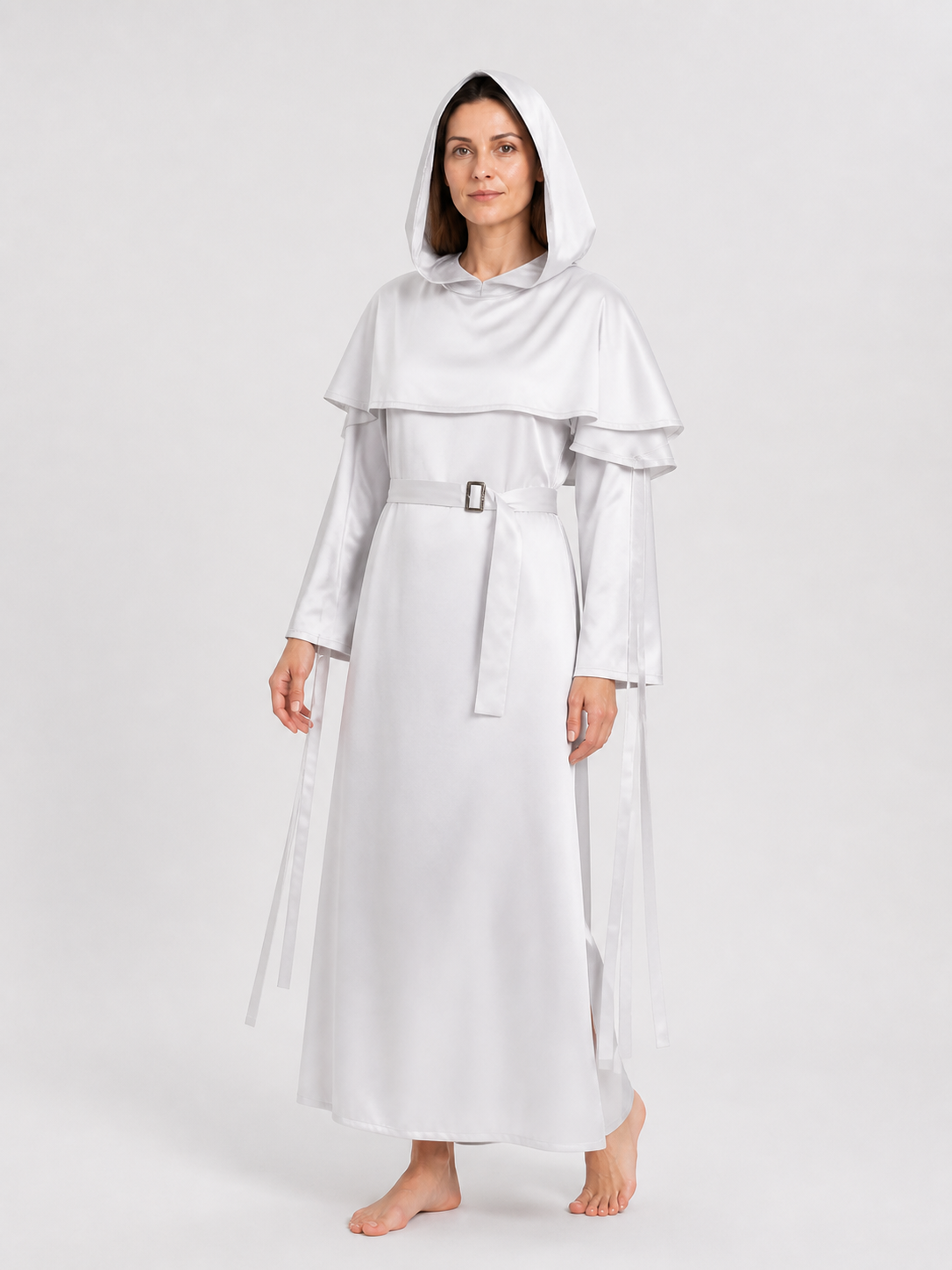 White Stage Costume with Hood and Belt for Cosplay Costumes detail