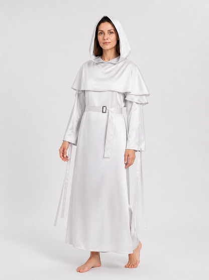 White Stage Costume with Hood and Belt for Cosplay Costumes detail